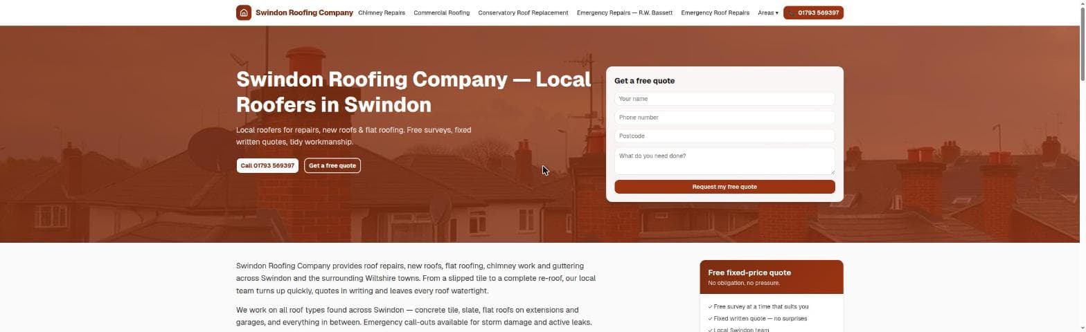 Homepage of Swindon Roofing Company, one of the lead-generation sites — hero with a call button and a quote form